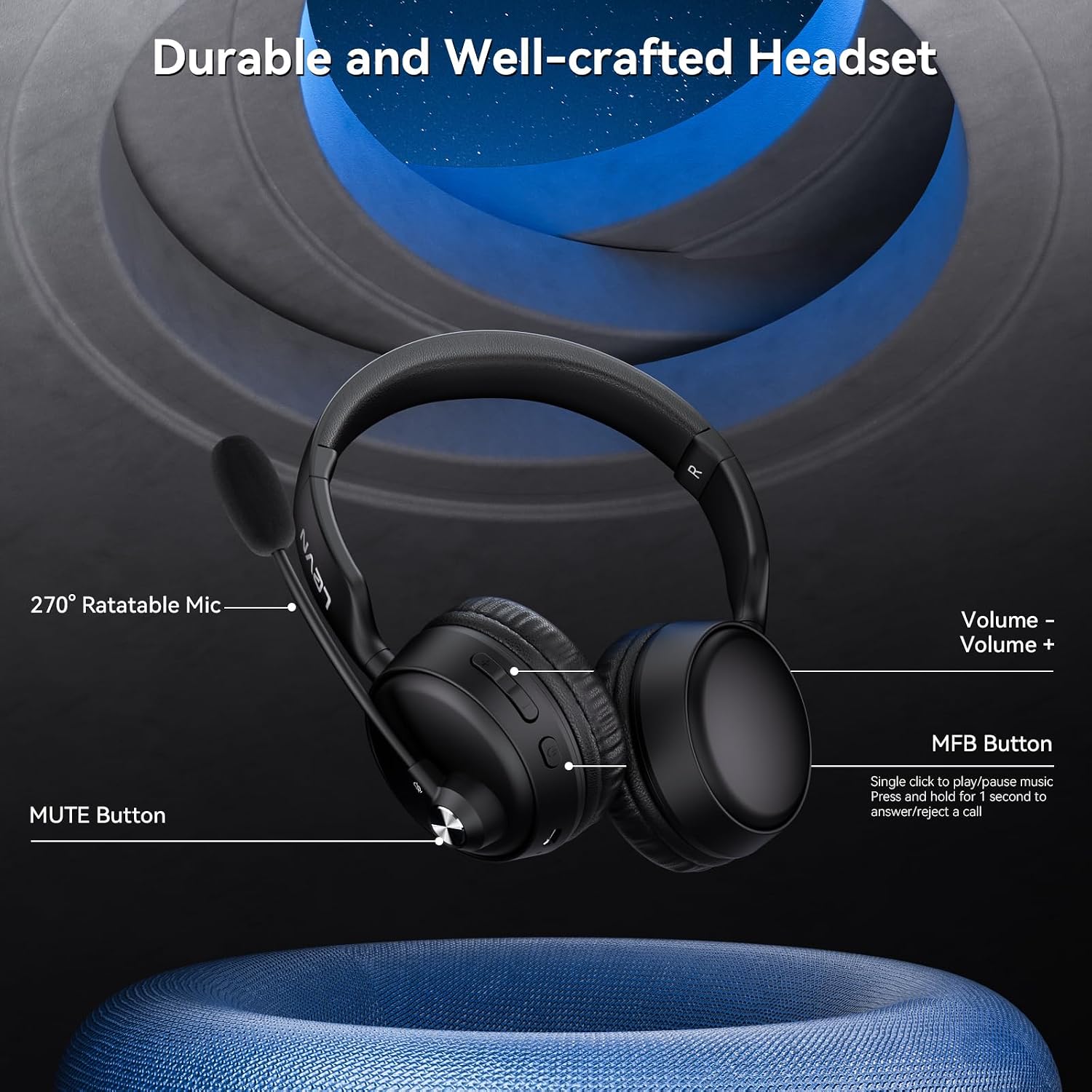LEVN Bluetooth Headset, Bluetooth Headphones with Microphone (AI Cancelling), 60 Hrs Working Time Dual Connection Wireless Headset with Mic & Mute Button for Work/Phone/Call Center/PC