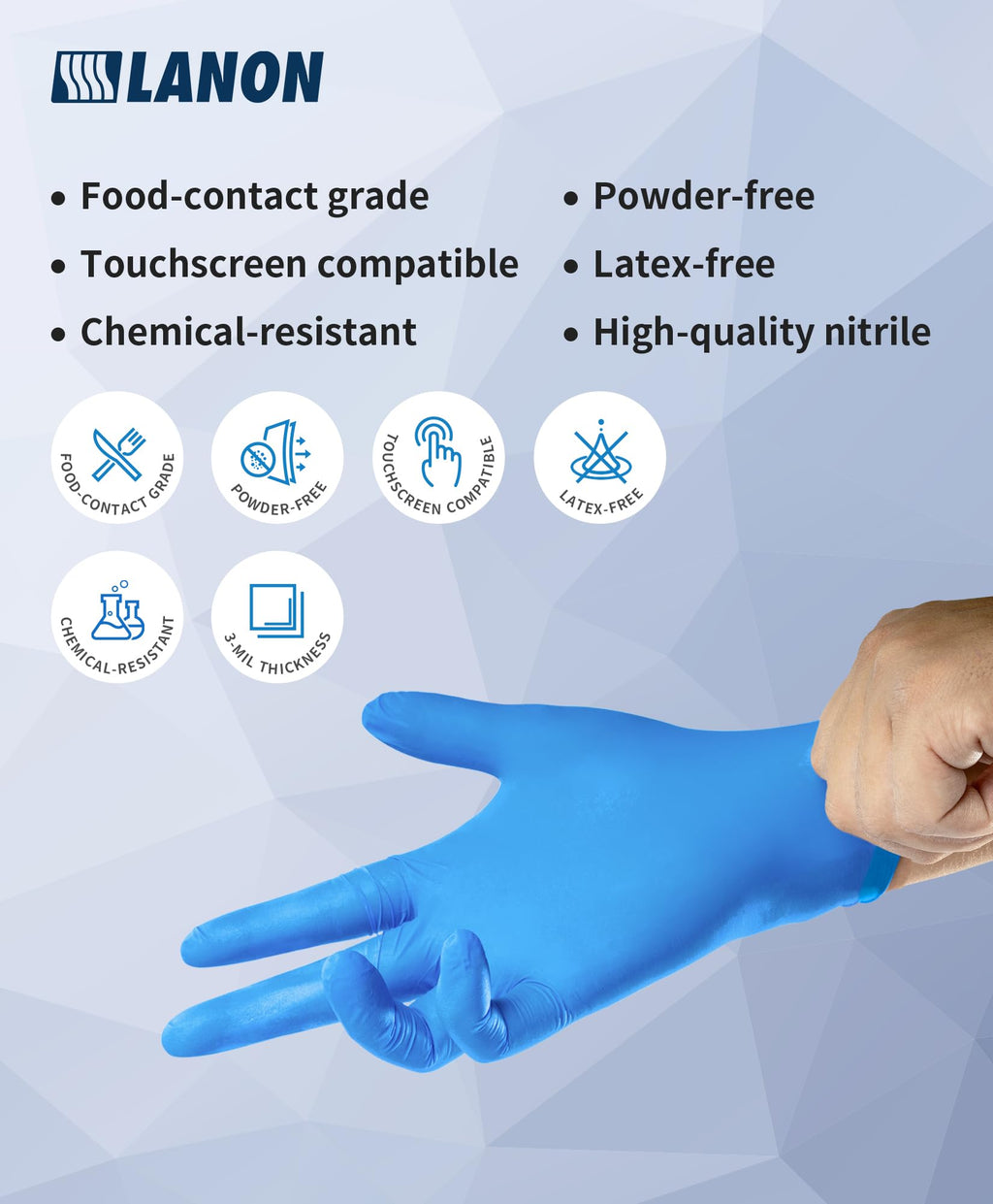 LANON Disposable Nitrile Gloves, Silicone-Free, Food-Safe, Chemical Resistant, Powder-Free, Textured Fingertips, Cooking, Cleaning, Blue, Small
