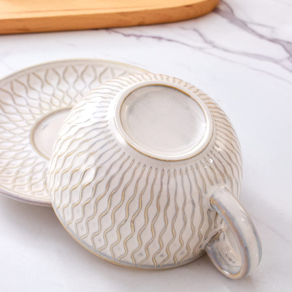 Coffeezone Vintage Design 12 oz Ceramic Latte Art Cappuccino Barista Cup with Saucer (Beige)