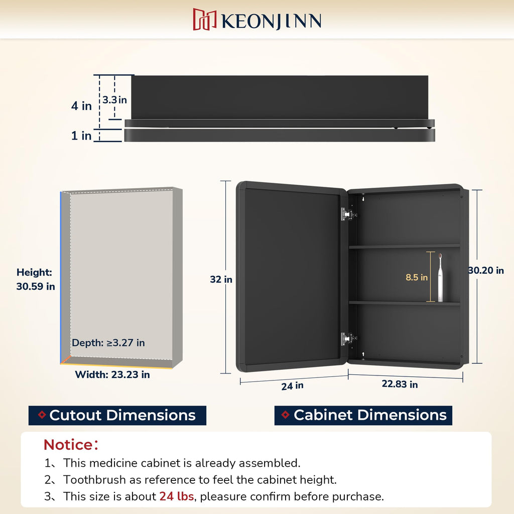 Keonjinn 15 x 36 Inch Black Slim Medicine Cabinets, Narrow Bathroom Side Medicine Cabinet with Mirror, Stainless Steel Framed, Adjustable Shelves, Recessed or Wall Mount, Modern Farmhouse