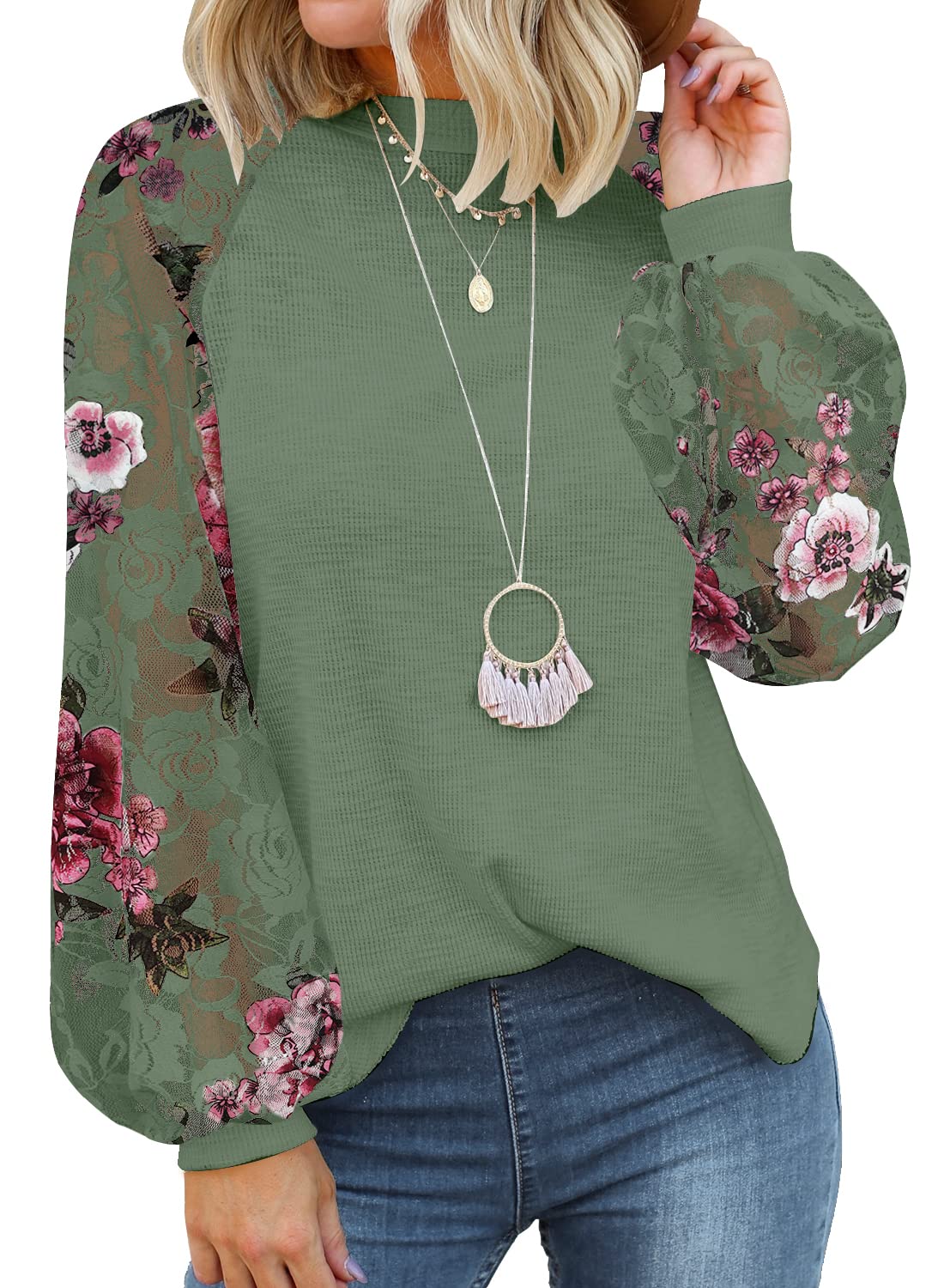 MIHOLL Women's Long Sleeve Tops Lace Casual Loose Blouses Shirts Dressy Outfits