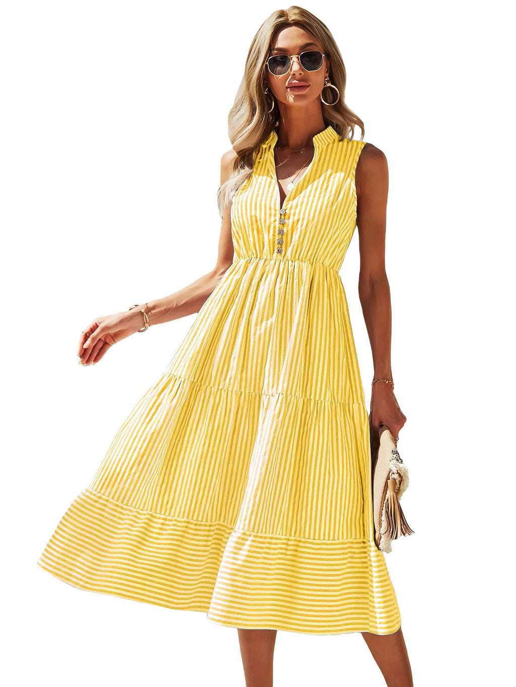Floerns Women's Striped Print Notched Neck Sleeveless Ruffle A Line Midi Dress