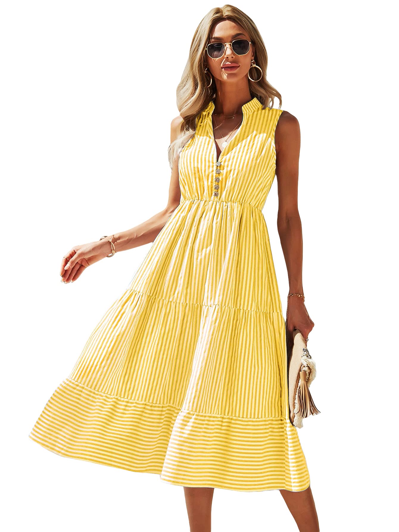 Floerns Women's Striped Print Notched Neck Sleeveless Ruffle A Line Midi Dress
