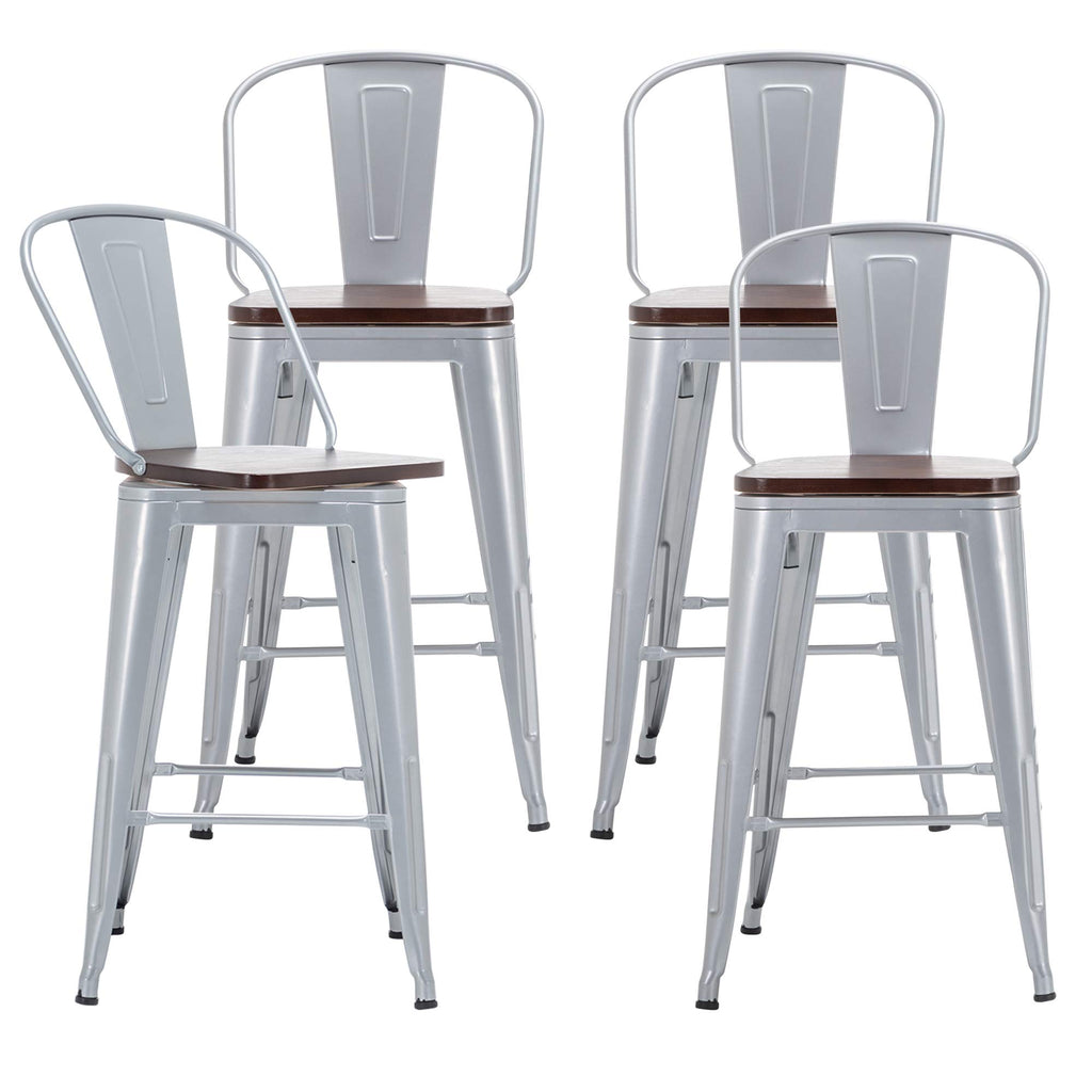 Alunaune 24" Swivel Metal Bar Stools Set of 4 High Back Counter Height Barstools Industrial Dining Bar Chairs with Large Wooden Seat-Matte Black