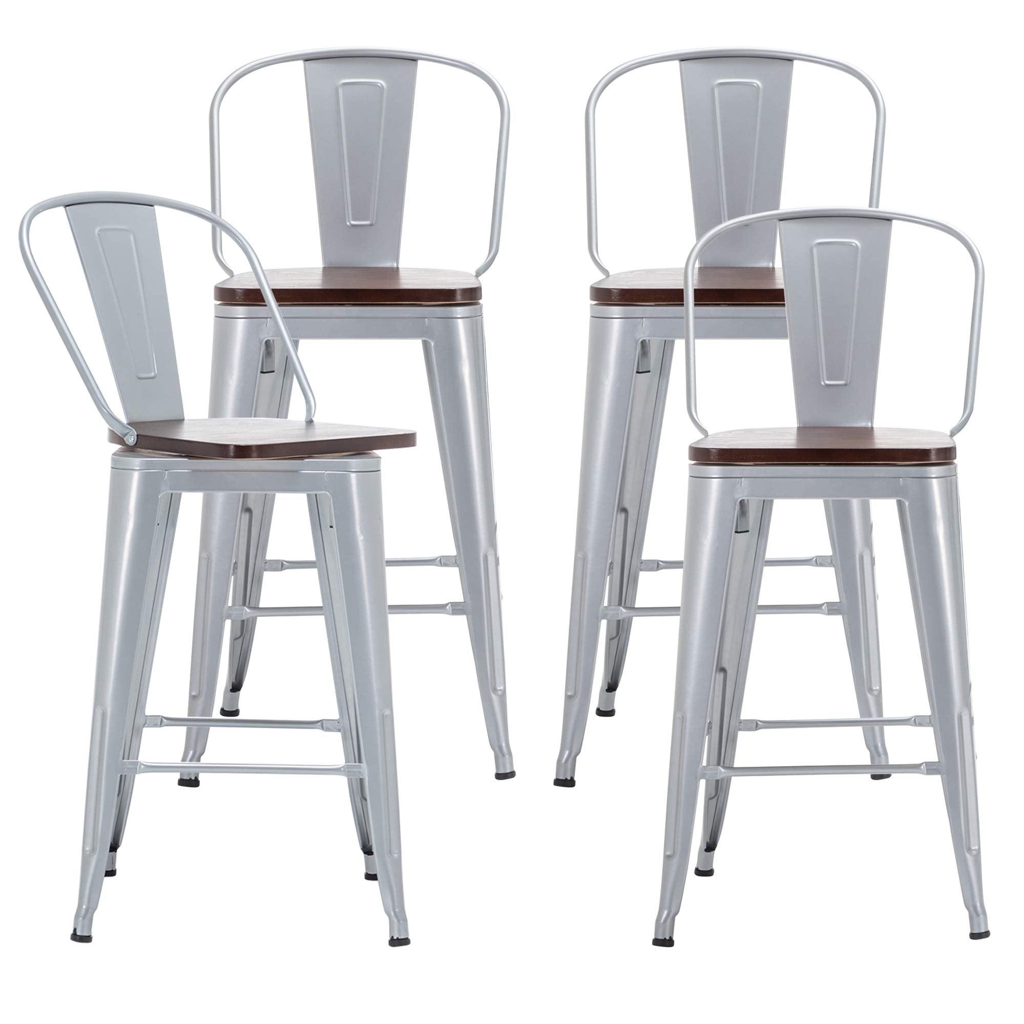 Alunaune 24" Swivel Metal Bar Stools Set of 4 High Back Counter Height Barstools Industrial Dining Bar Chairs with Large Wooden Seat-Matte Black