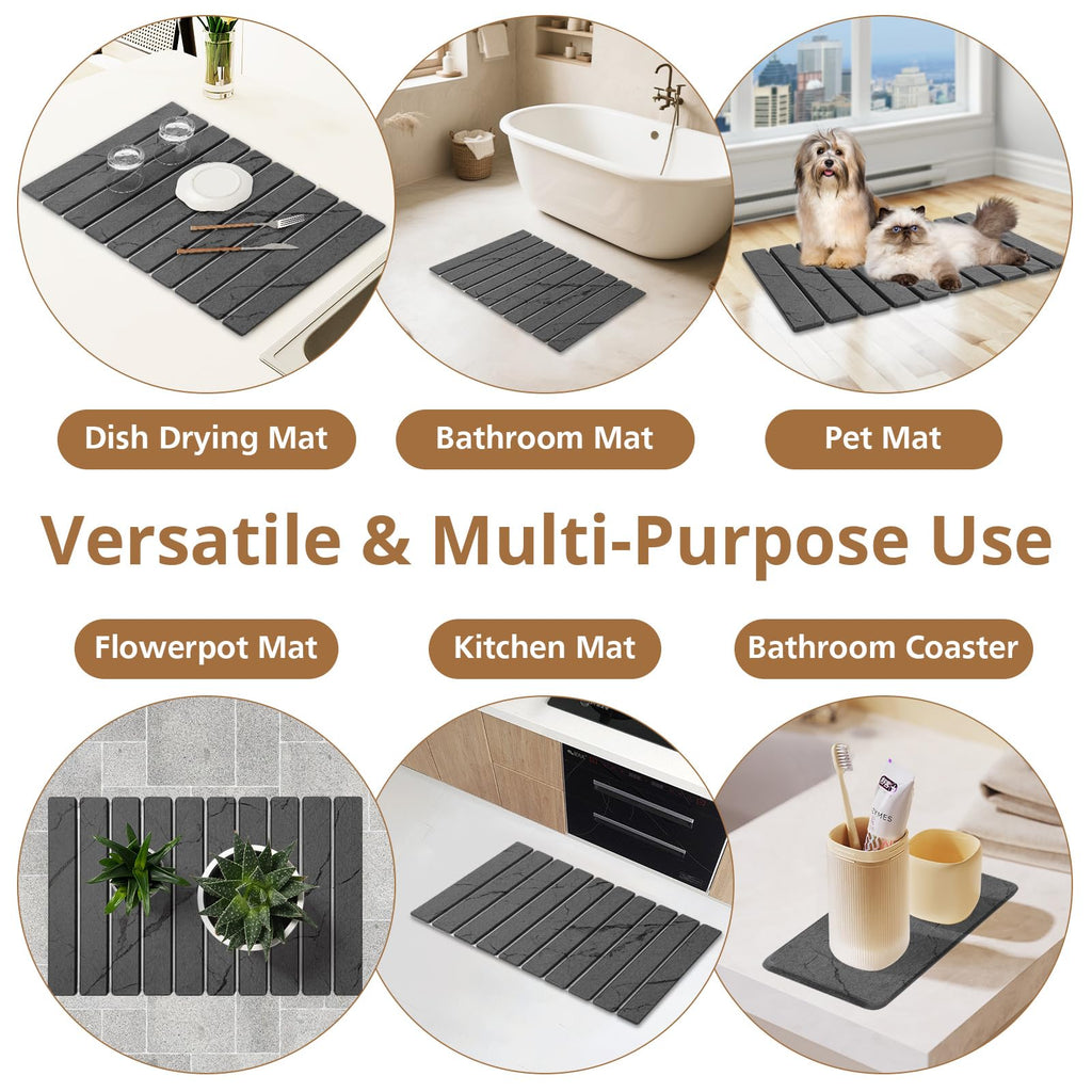 Stone Dish Drying Mat for Kitchen Counter, Eco-friendly, Instant Drying Pad,Diatomaceous Earth Water Absorbing Mat, Foldable and Super Absorbent Dish Drying Stone Mat, 16"×12", Dark Gray