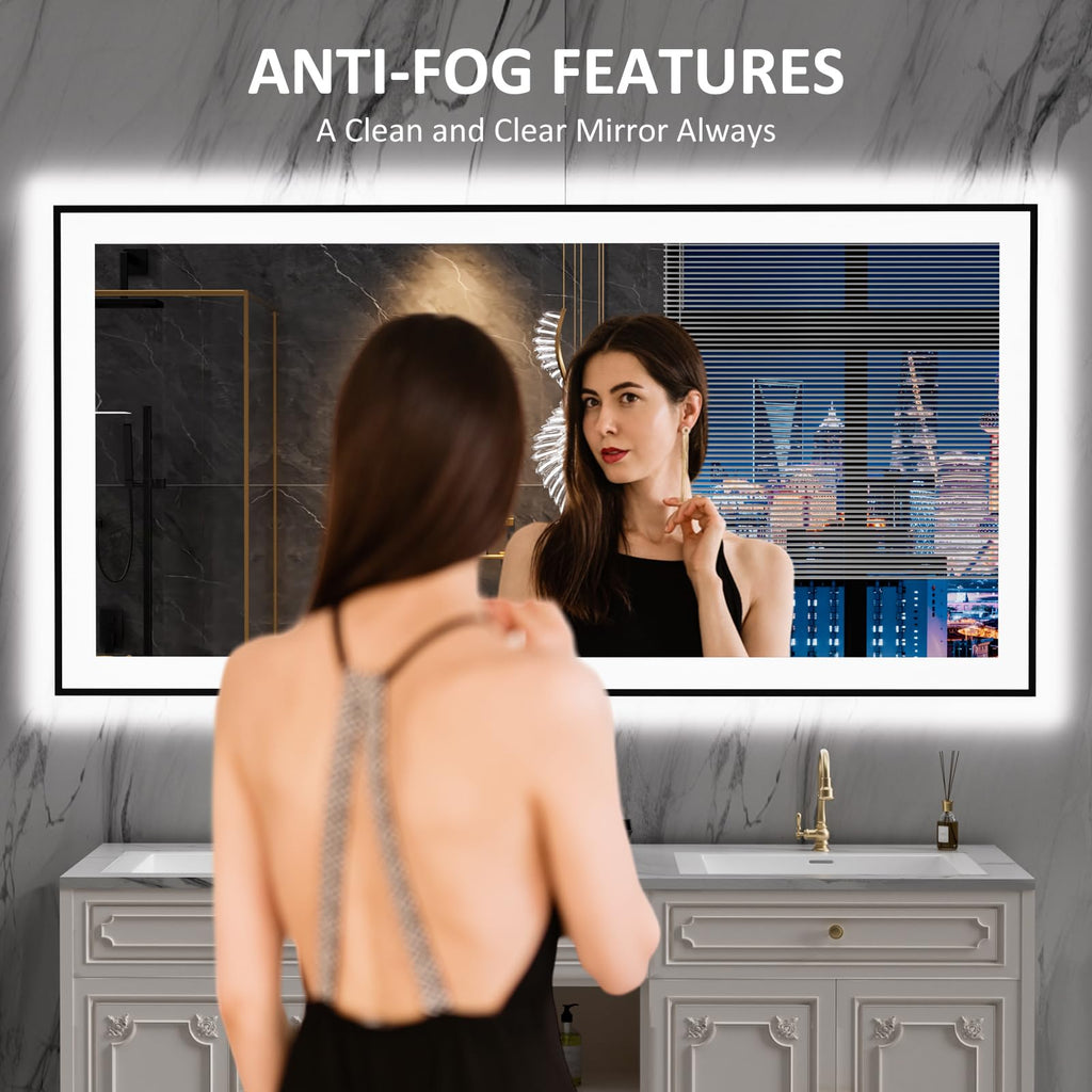 LOAAO 20"X28" LED Bathroom Mirror Black Framed | Anti-Fog, Dimmable, Memory Function, Tempered Glass, Lighted Vanity Mirror for Wall
