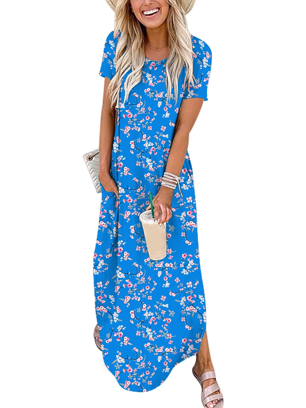 ANRABESS Womens Summer Maxi Dress Short Sleeve Casual Loose Long T Shirt Dresses Split Vacation Beach Sundress Travel Outfits