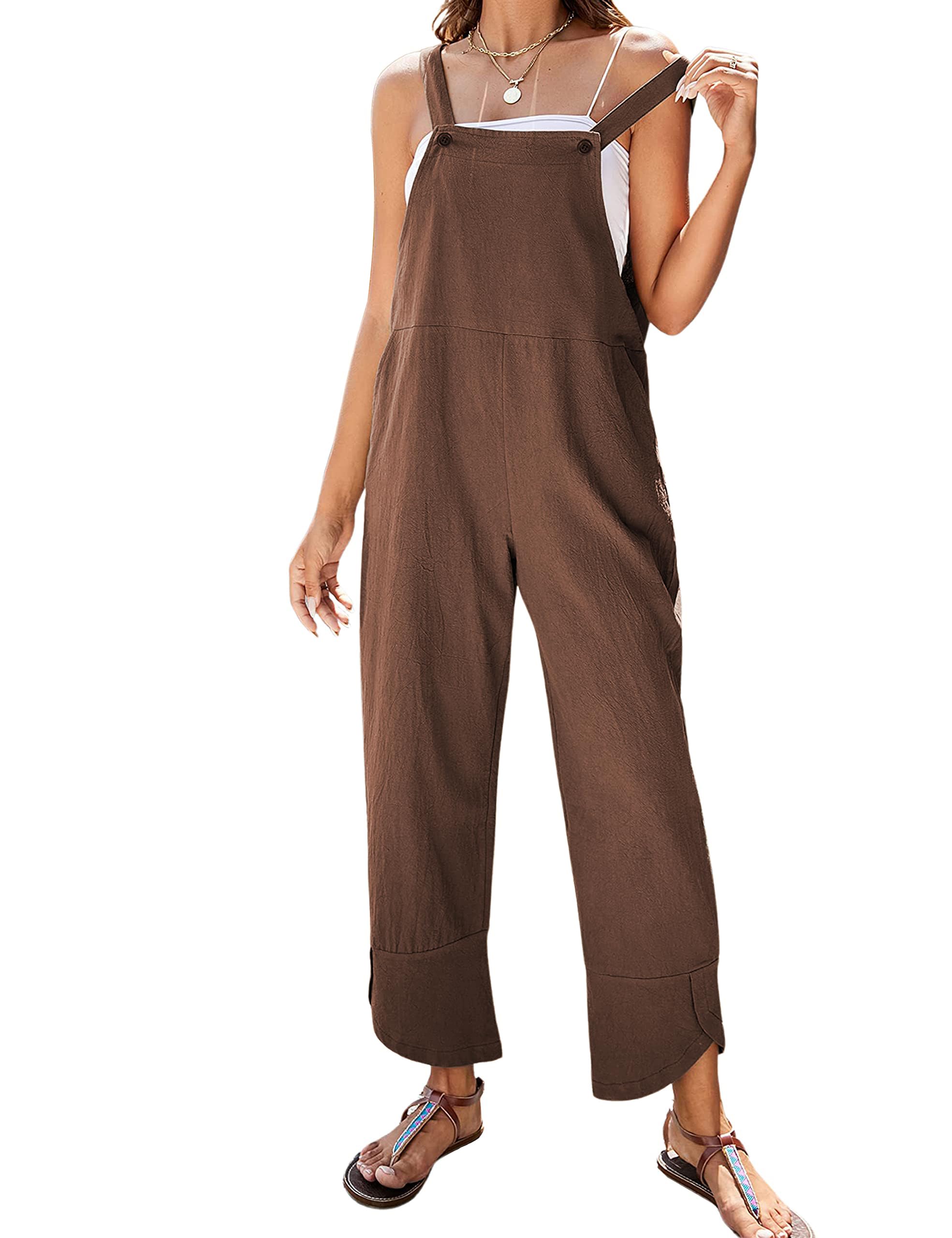 APAFES Women Summer Sleeveless Cotton Linen Bib Overalls Tulip Baggy Capri Jumpsuits with Pockets