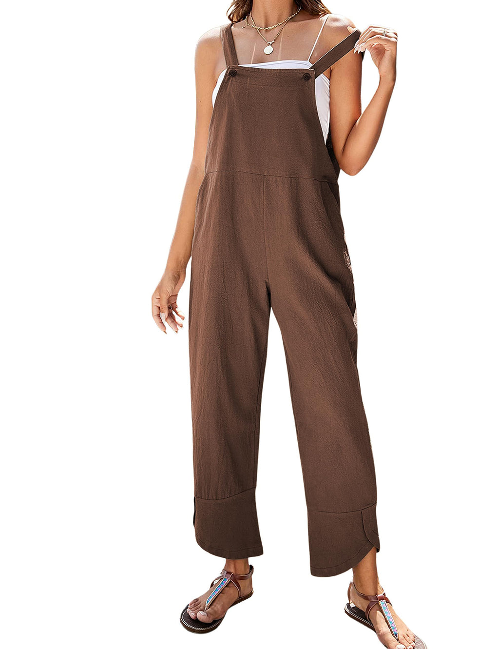 APAFES Women Summer Sleeveless Cotton Linen Bib Overalls Tulip Baggy Capri Jumpsuits with Pockets