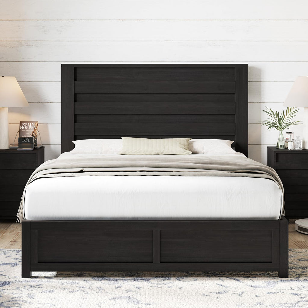 AMERLIFE Farmhouse Full Size Bed Frame with 49" Fluted Headboard, Wood Platform Bed with Natural Grain, No Box Spring Needed/Noise Free, Black