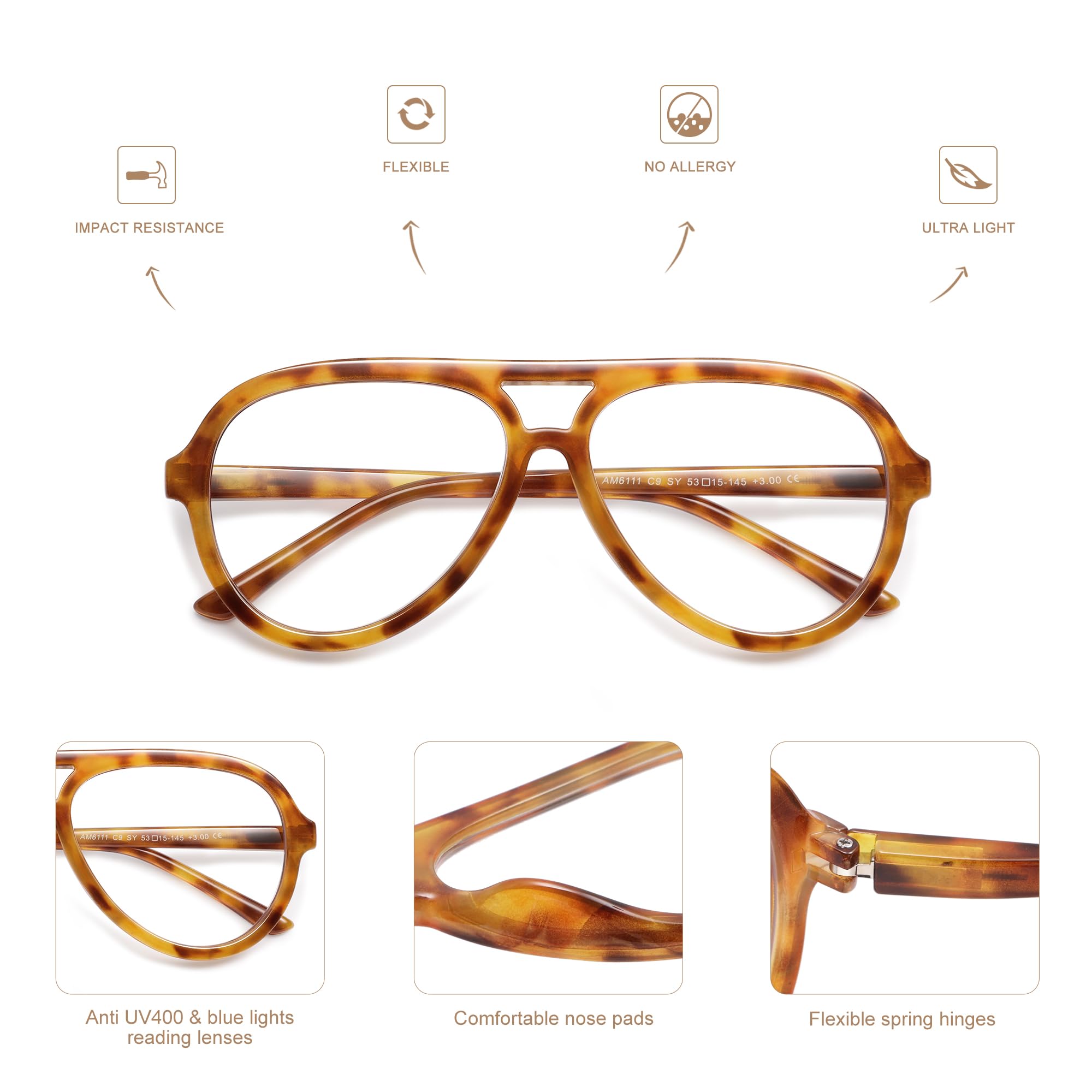 AMOMOMA 3 Pack Retro Oversized Aviator Reading Glasses for Women Men,Classic Large Reader Blue Light Computer Frame AM6111