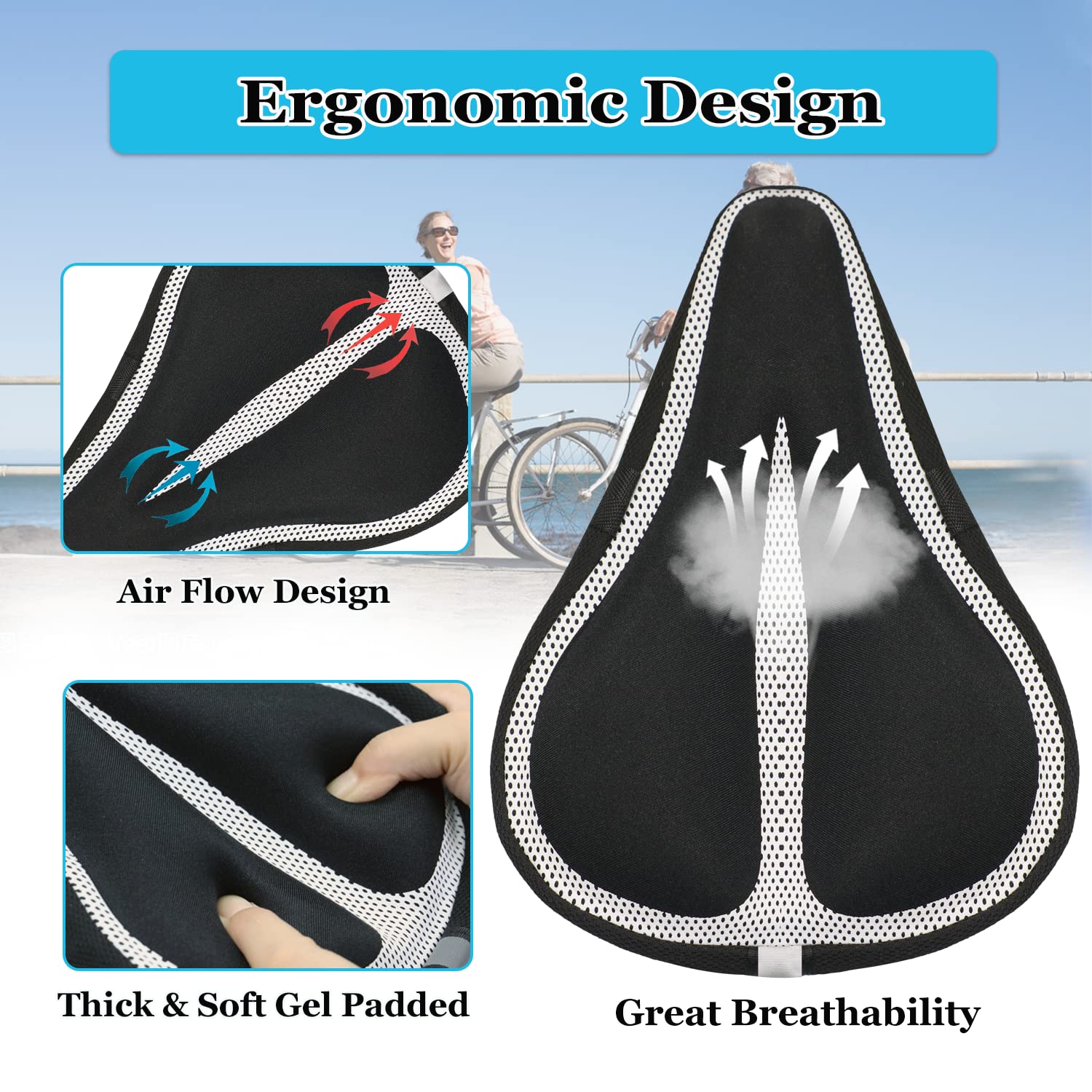 Geronmine Gel Bike Seat Cover Padded Bicycle Saddle Covers for Women & Men, Most Comfortable Exercise Bike Seat Cushion Cover, Soft for Spin Indoor Outdoor Cycling Class Mountain Stationary Bikes