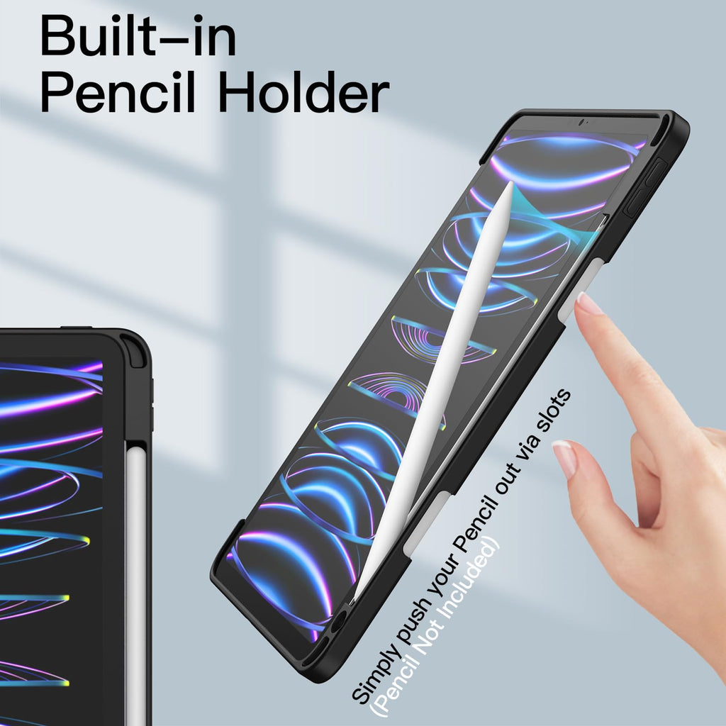 JETech Case ONLY for iPad Pro 11 Inch (2022/2021/2020/2018) with Pencil Holder, Clear Transparent Back Shell Slim Stand Shockproof Tablet Cover, Auto Wake/Sleep (Black)