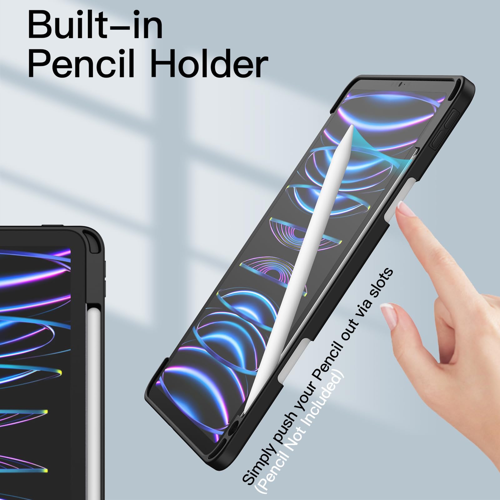 JETech Case ONLY for iPad Pro 11 Inch (2022/2021/2020/2018) with Pencil Holder, Clear Transparent Back Shell Slim Stand Shockproof Tablet Cover, Auto Wake/Sleep (Black)