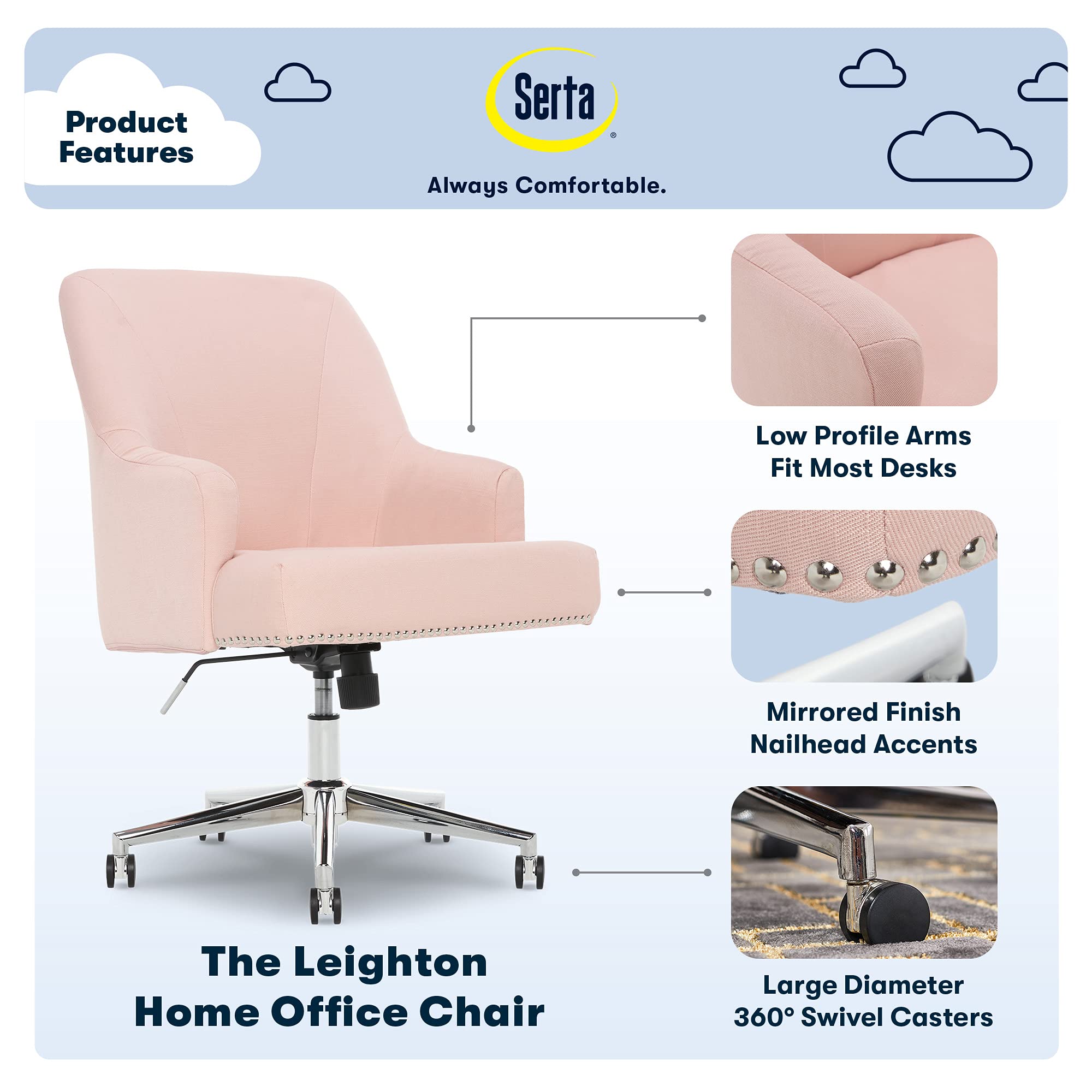 Serta Scarlett Modern Office Chair, Pleated and Curved Mid-Back Desk Chair, Pocket Coil Seat Cushion, Padded Armrests, Vanity Armchair with Wheels, Swivel Gold Base, Beige Velvet Fabric