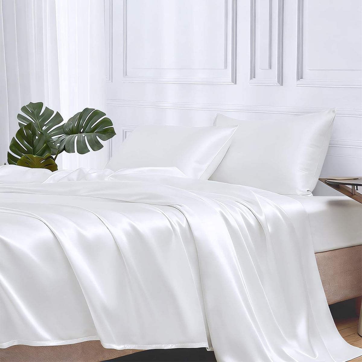 MR&HM Satin Sheets with Elastic Corner Straps, Twin Size 3-Piece Silky Bedding Set, Deep Pocket 15 Inches, Good for Hair & Skin (Twin, Black)