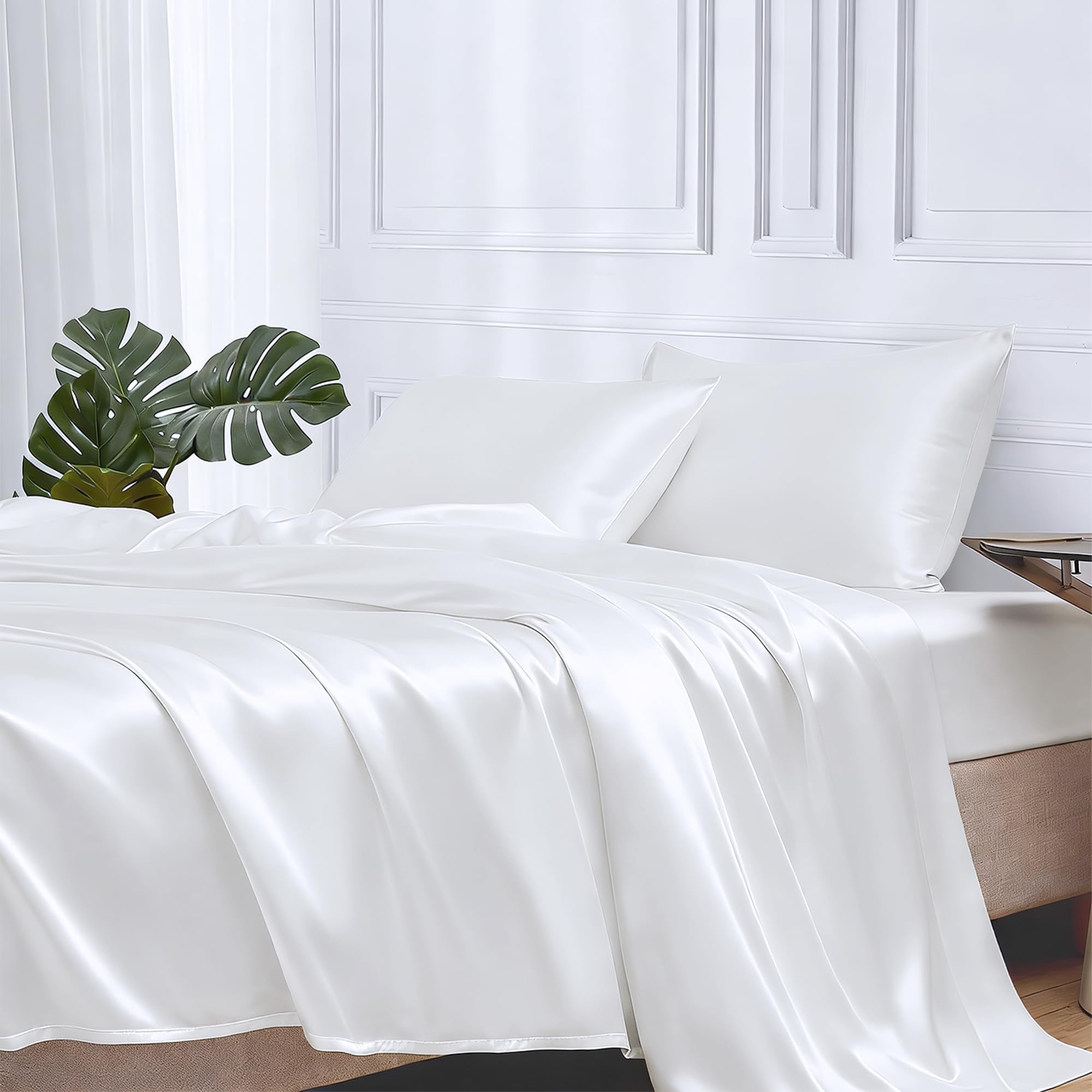 MR&HM Satin Sheets with Elastic Corner Straps, Twin Size 3-Piece Silky Bedding Set, Deep Pocket 15 Inches, Good for Hair & Skin (Twin, Black)