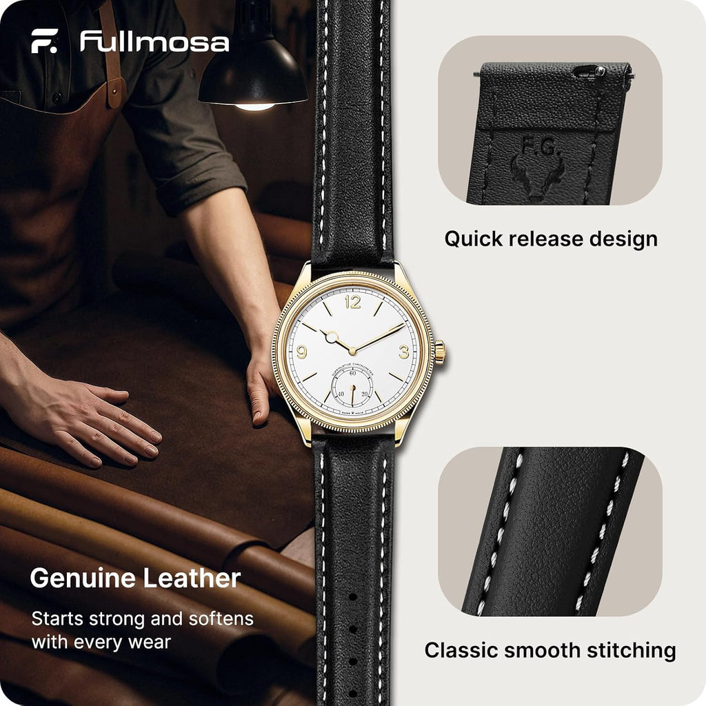 Fullmosa Watch Band, Quick Release Leather Watch Strap Compatible with Samsung Galaxy Garmin for Men Women, Replacement Bands Width 12mm 14mm 16mm 18mm 19mm 20mm 21mm 22mm 24mm