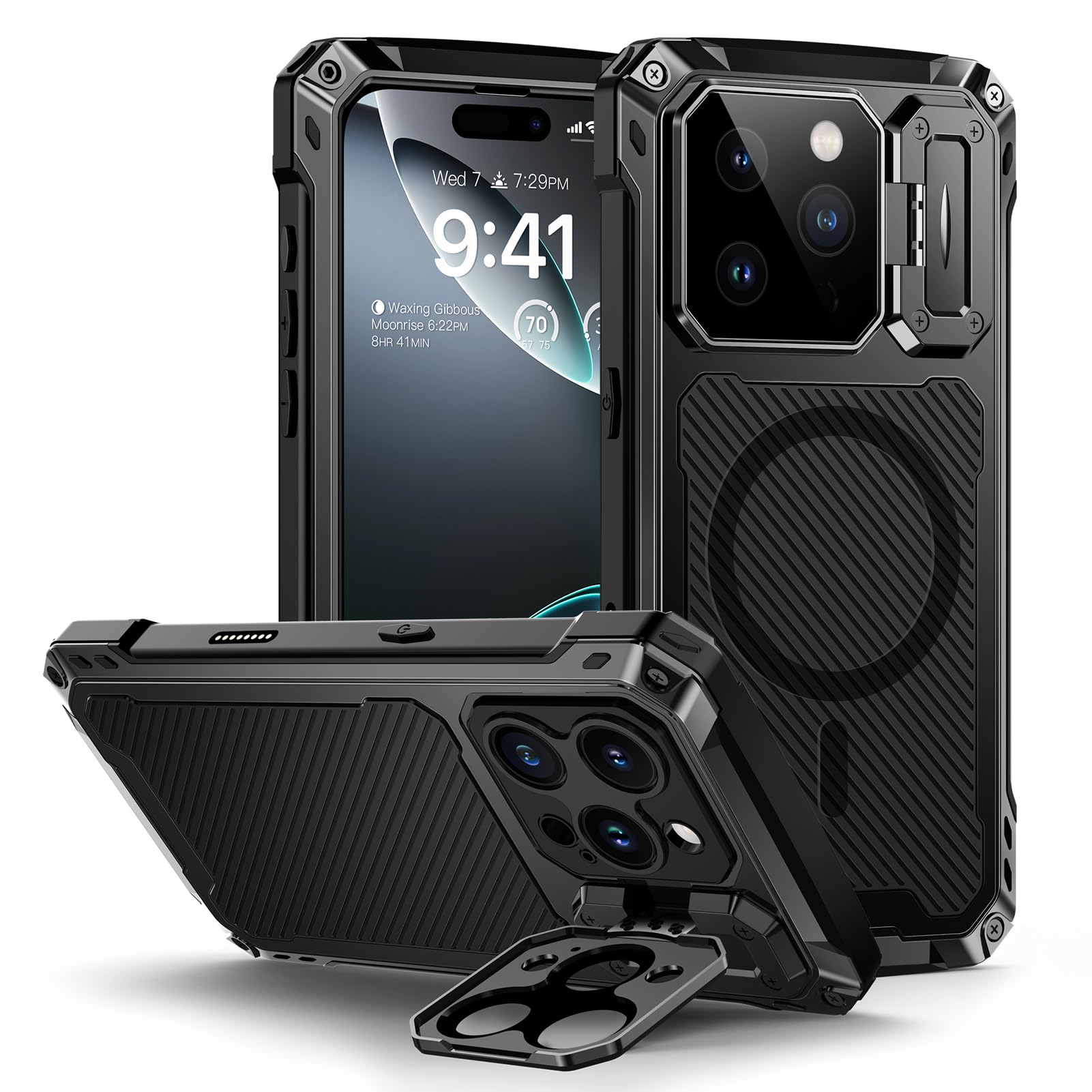 Lanhiem for iPhone 16 Metal Case with Camera Cover & Stand [Compatible with MagSafe] [Built-in Kickstand] [Military-Grade Protection] Heavy Duty Rugged Magnetic Phone Case, Black