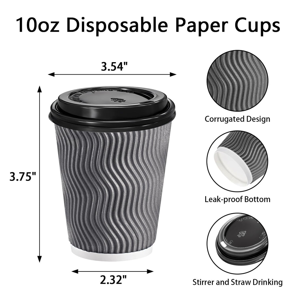 BYSNOW 100 Pack 10 oz Coffee Cups with Lids, Disposable Insulated Hot Cups To Go Paper Coffee Cups, Corrugated Ripple Wall Cup for Hot Drink, Office, Coffee Bar (Grey 10 oz)