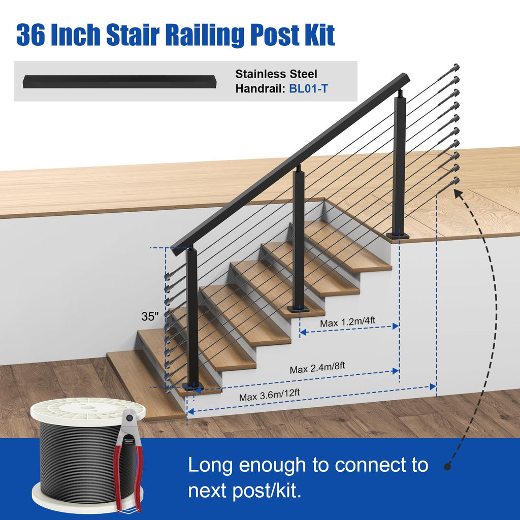 BLIKA 36" Cable Railing Corner Post, 304 Stainless Steel, 2-Side Drilled Adjustable Top Corner Post, Surface Mount Matte Black Cable Railing System Corner Post