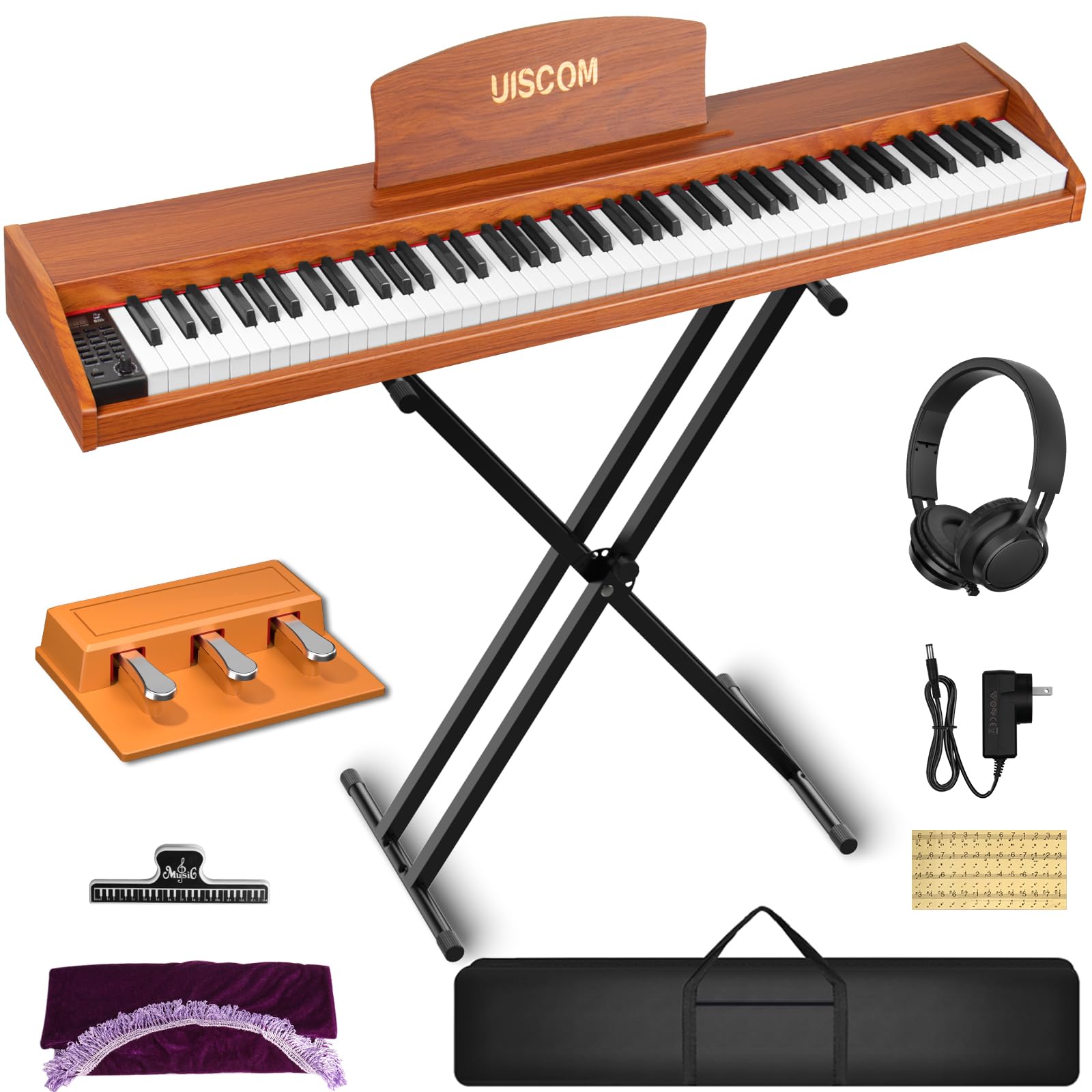 UISCOM Digital Piano Keyboard for Beginners, Full Size 88 Key Semi-Weighted Keyboard Electric Piano with Stand,Power Adapter,Sheet Music Stand,Pedal,Headphone,USB-MIDI Compatible,Wood Grain Apricot