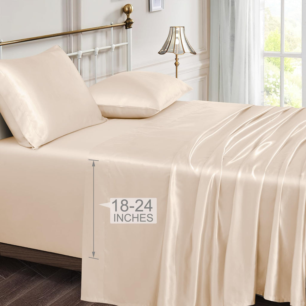 Vonty Extra Deep Pocket Full Sheet Sets - Cooling & Silky Satin Full Size Sheets with 18-24 Inch Deep Pocket, Black Satin Bed Sheets Fit Up to 24" Deep Mattress - 4 Piece Set