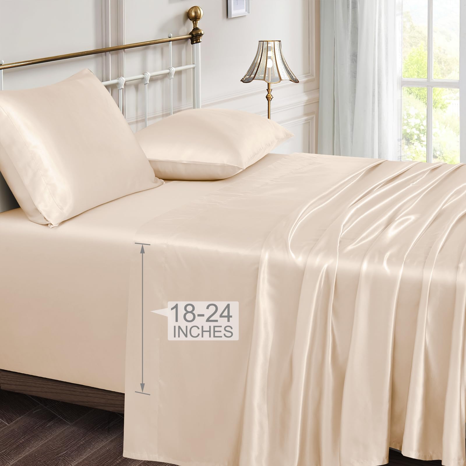 Vonty Extra Deep Pocket Full Sheet Sets - Cooling & Silky Satin Full Size Sheets with 18-24 Inch Deep Pocket, Black Satin Bed Sheets Fit Up to 24" Deep Mattress - 4 Piece Set