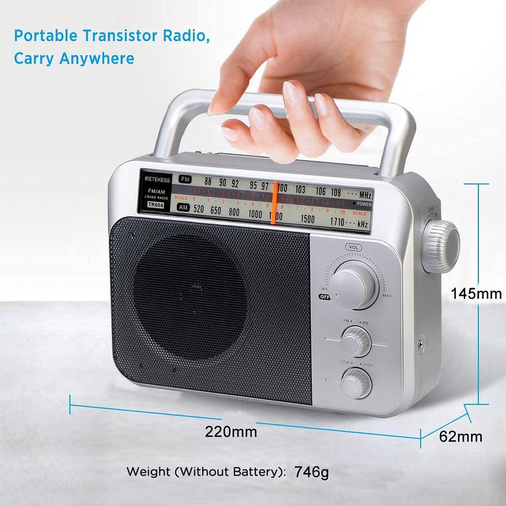 Retekess TR604W AM FM NOAA Radio, Portable Emergency Weather Radios with Best Reception, AC or D Battery Powered, with Clear Dial and Large Knob, Suit for Home (Black)