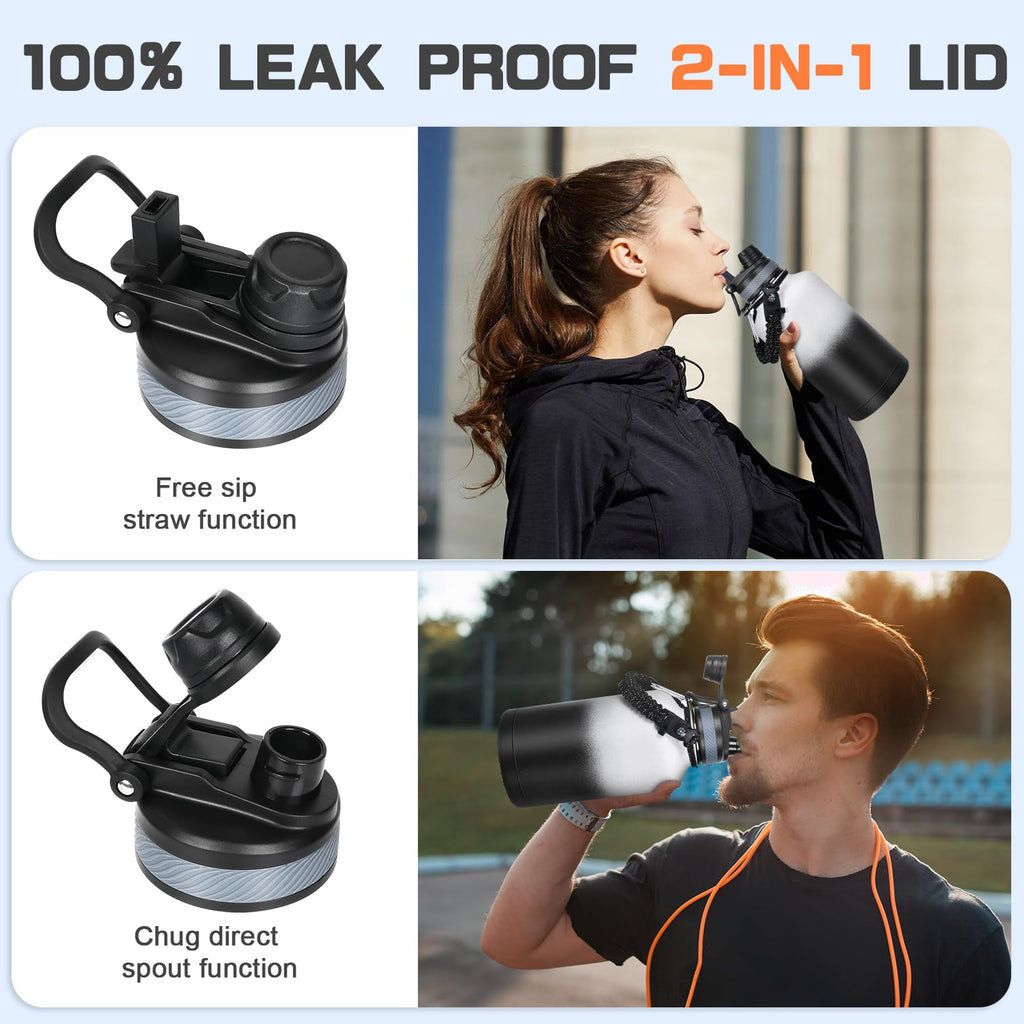 GAZLEMHO 40 oz Insulated Water Bottle with Straw& Spout 2-in-1 Lid, Triple Wall Vacuum Stainless Steel Cold 48H, Leak Proof Sports Metal Flask Jug with Paracord Handle, Black