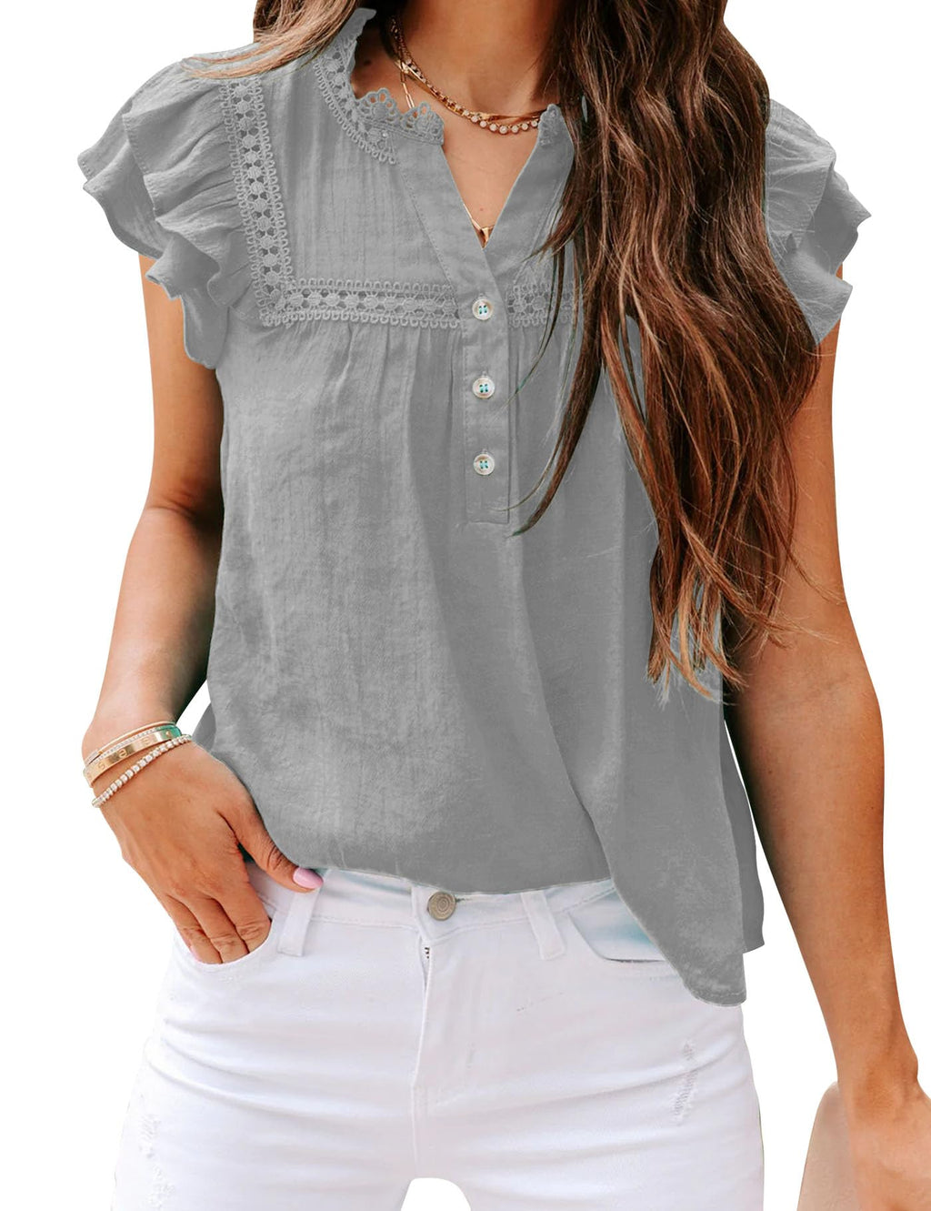 Women's V Neck Lace Crochet Shirts Button Down Short Sleeve Casual Blouse Tops