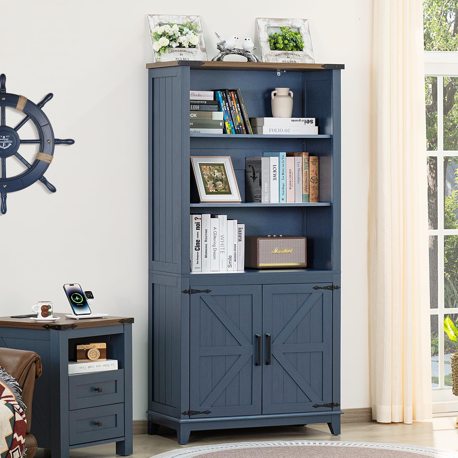Joaxswe 70in Tall Bookshelf 5 Tier Bookcase with Barn Doors and Adjustable Shelves, Black Farmhouse Book Shelf with Storage Cabinet, Wood Freestanding Display Bookshelves for Bedroom, Living Room
