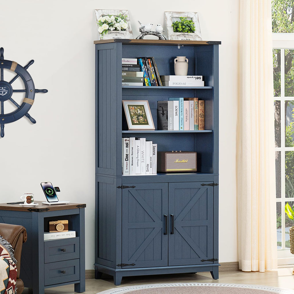 Joaxswe 70in Tall Bookshelf 5 Tier Bookcase with Barn Doors and Adjustable Shelves, Black Farmhouse Book Shelf with Storage Cabinet, Wood Freestanding Display Bookshelves for Bedroom, Living Room