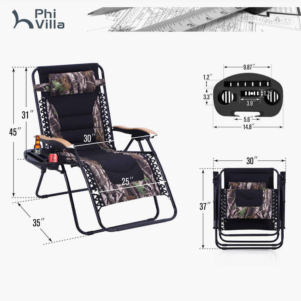 PHI VILLA XXL Oversized Padded Zero Gravity Chair Set of 2, Foldable Patio Recliner, 30" Wide Seat Anti Gravity Lounger with Armrest and Cup Holder, Support 400 LBS (Aqua Blue)