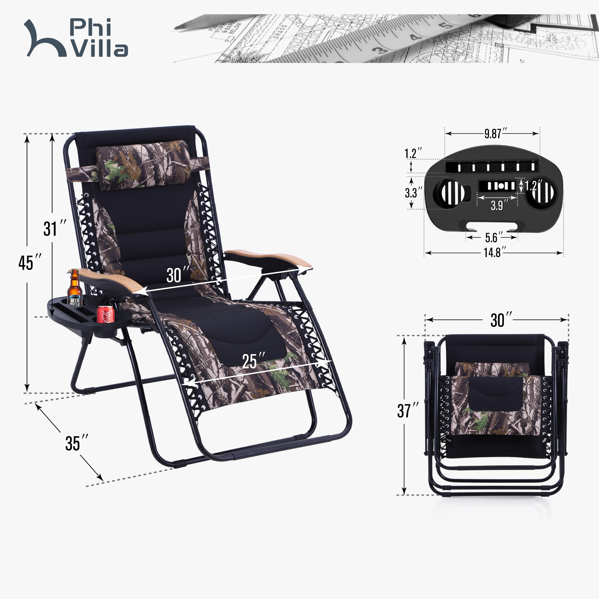 PHI VILLA XXL Oversized Padded Zero Gravity Chair Set of 2, Foldable Patio Recliner, 30" Wide Seat Anti Gravity Lounger with Armrest and Cup Holder, Support 400 LBS (Aqua Blue)