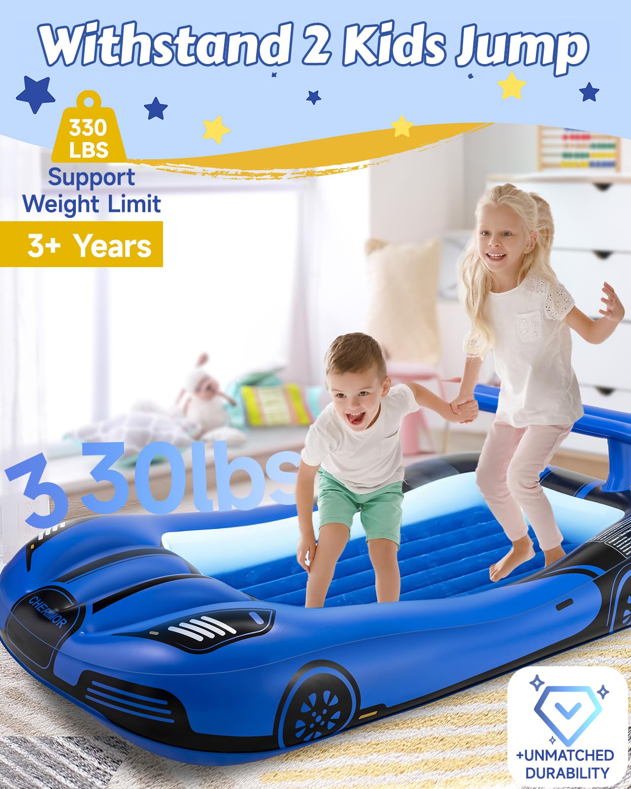 CHERIMOR Inflatable Toddler Travel Bed with Safety Bumpers & 2 Mins Auto Inflation Pump, Portable Toddler Kids Air Mattress with Carry Bag for Home Grandma's Sleepovers Travel Camping, 330lbs Support