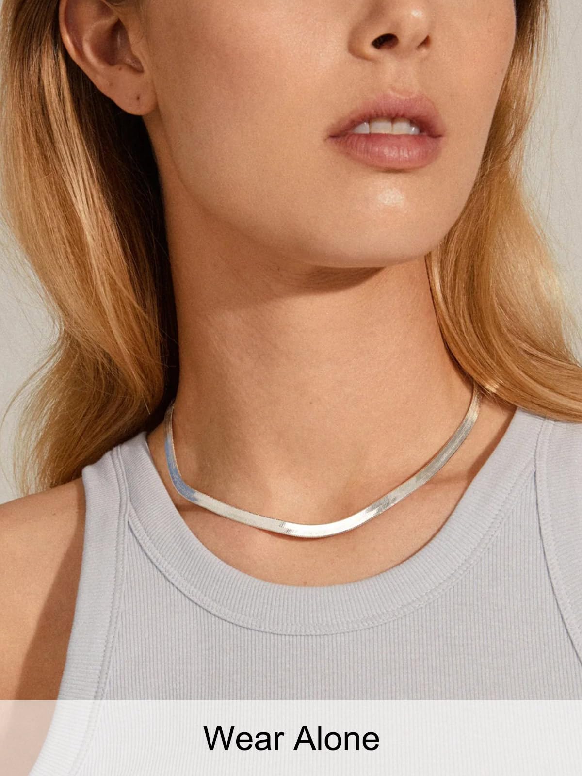FOCALOOK 14K Gold Plated Necklaces for Women, Fashion Herringbone Choker Necklace Stainless Steel Flat Snake Chain 3/5MM(W) 12.5"/15"/18"+3.5"(L)