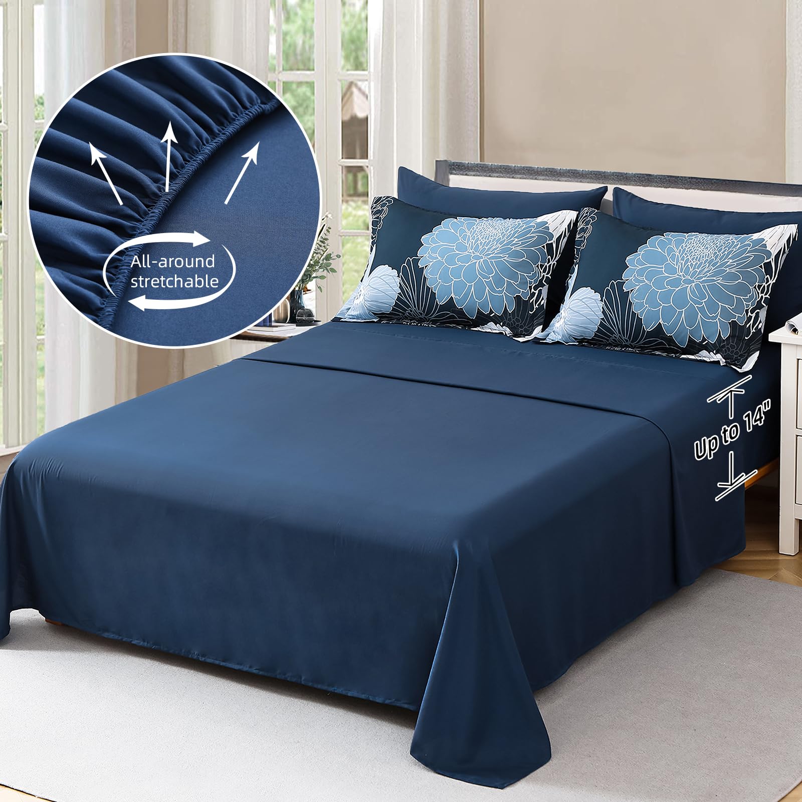 Yiran 7 Pieces Bed in a Bag Blue Floral Comforter Set Queen Size Flowers Comforter Set Soft Microfiber Bedding Set (1 Comforter 1 Flat Sheet 1 Fitted Sheet 2 Pillowshams 2 Pillowcases)