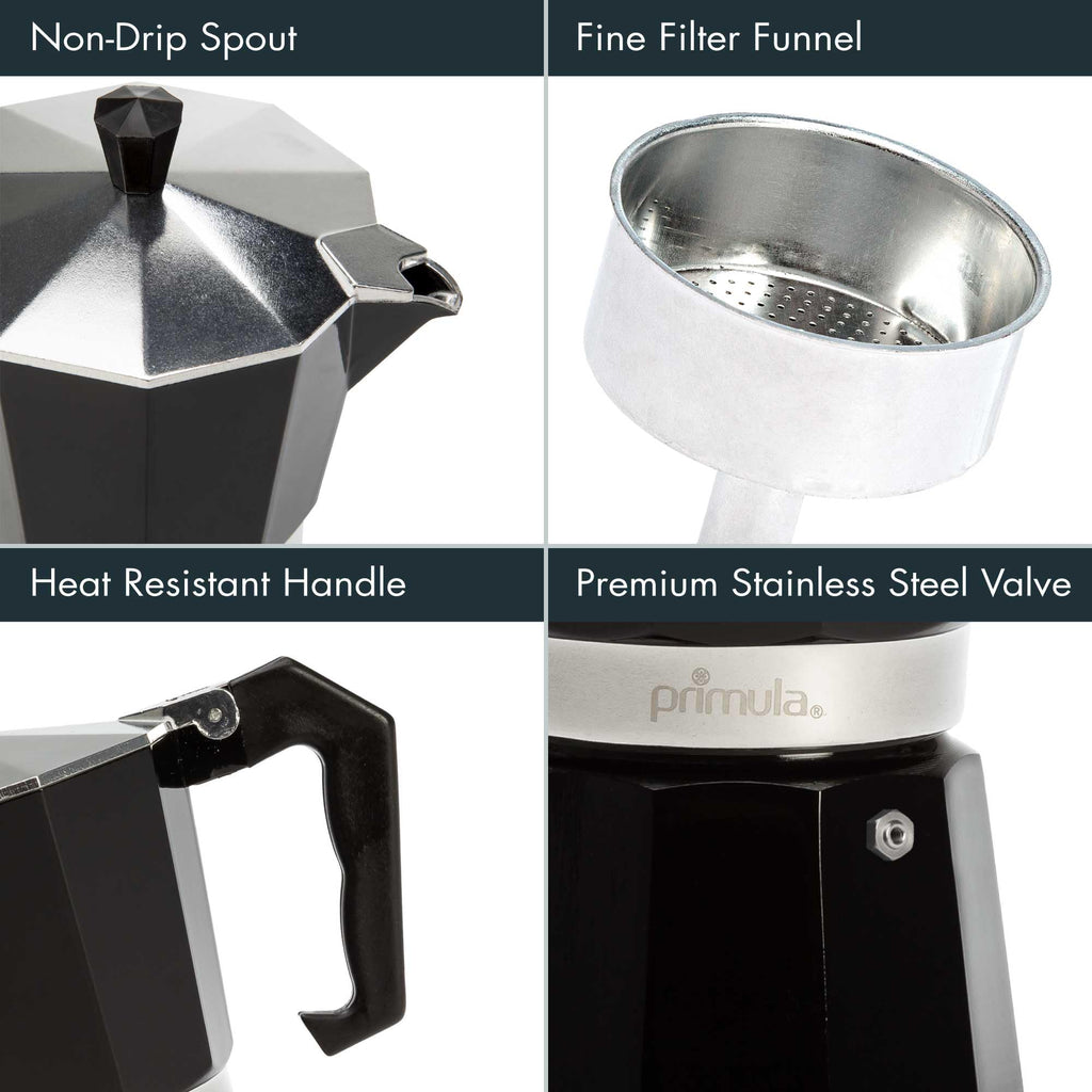 Primula Classic Moka Pot Stovetop Espresso and Coffee Maker, Italian and Cuban Cafetera for Rich Espresso Brewing, Durable Aluminum Greca Coffee Maker with Easy Grip Handle, 6-Cup, Black