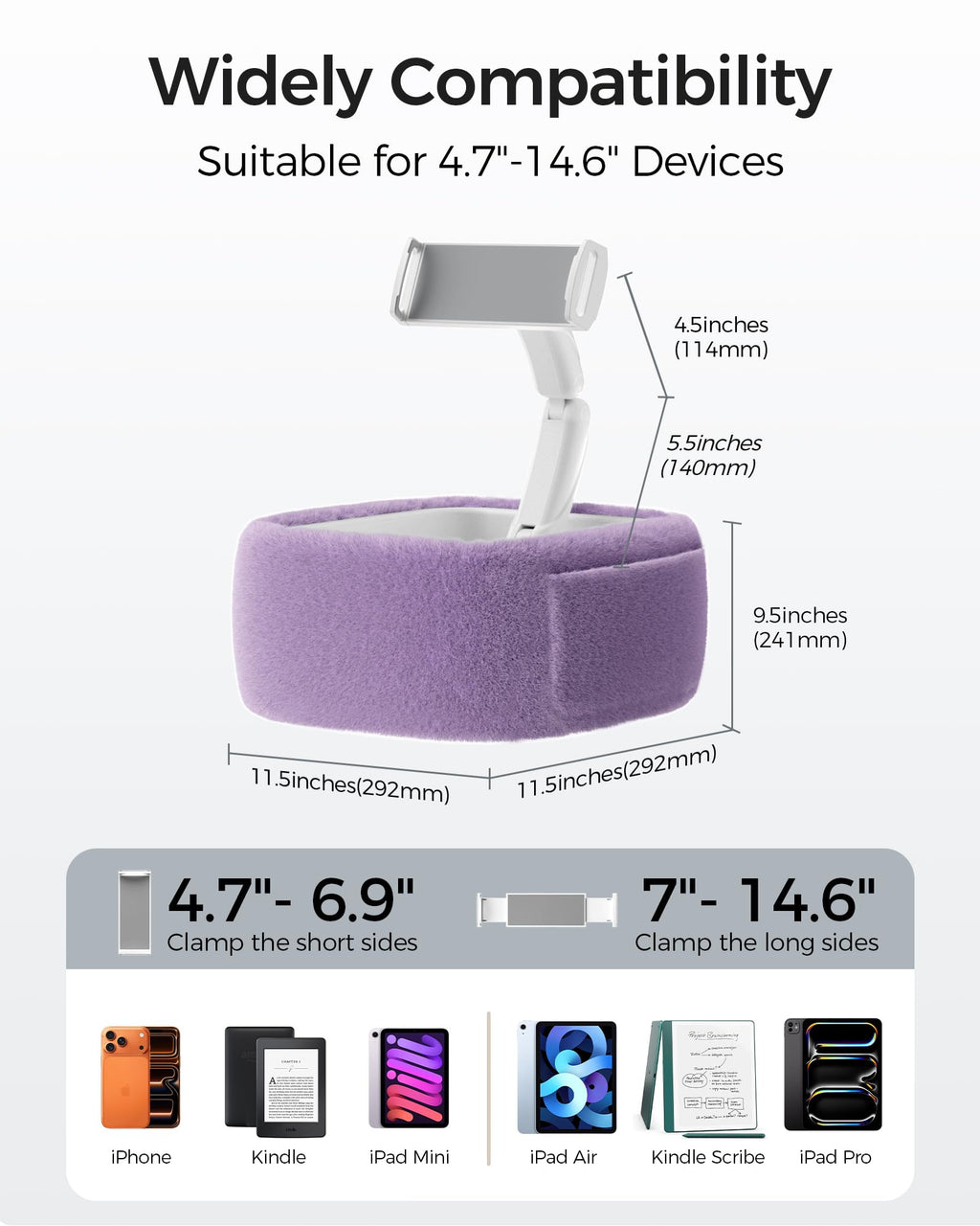 LULULOOK Tablet Pillow Stand, Compatible with iPad, iPhone and 4.7-14.6”Tablet, 360° Adjustable Kindle Pillow Stand for Bed with Ultra Fluffy Fabric & Snack Bowl (Cloudy White)