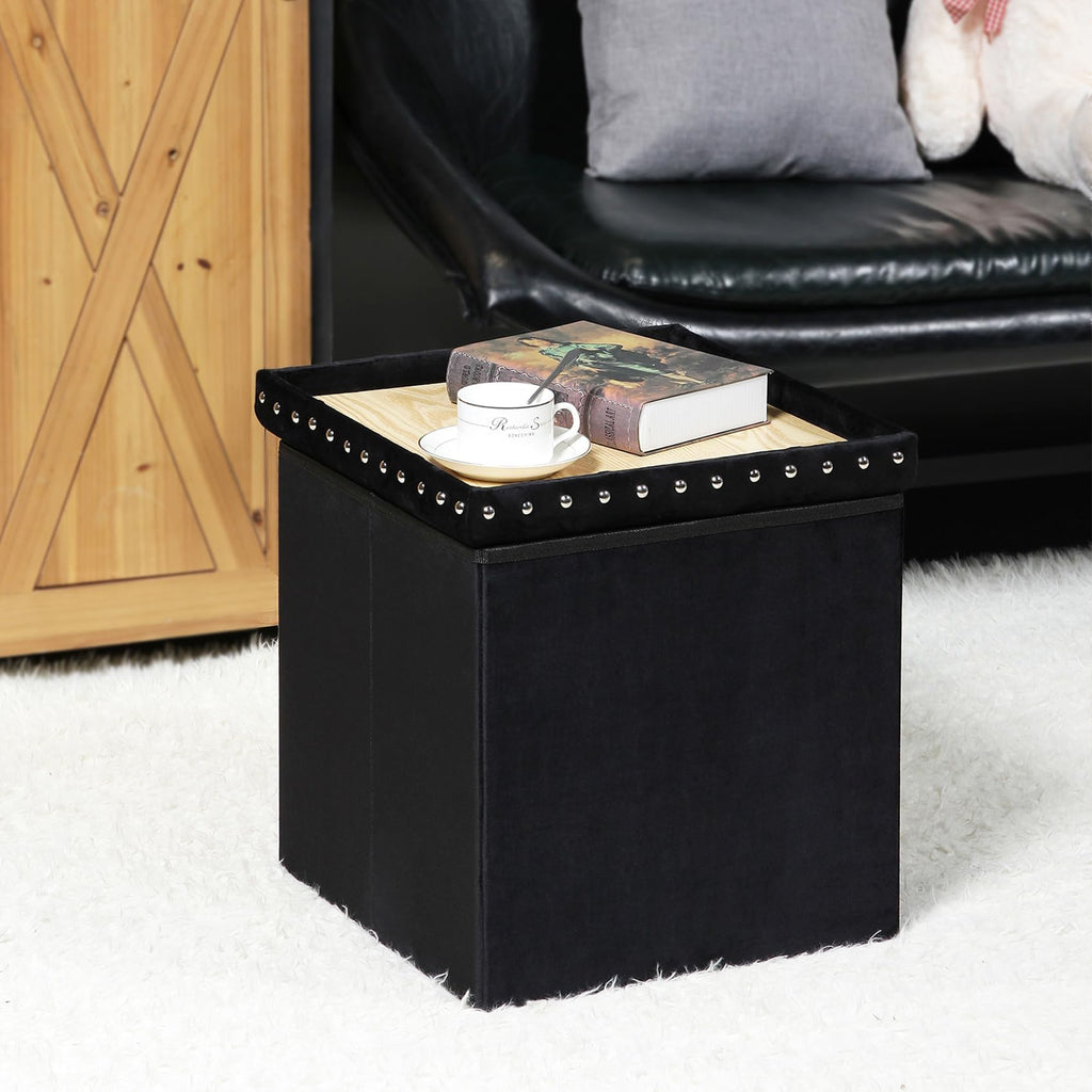 PINPLUS Folding Storage Ottoman Bench, Folding Velvet Tuffed Foot Rest Stool with Rivet, End of Bed Bench Large Long Shoes Chest for Bedroom Entryway Living Room, Beige, 41.3 Inches