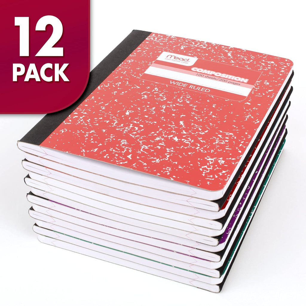 Mead Composition Notebook, 12 Pack, Wide Ruled Paper, 7-1/2" x 9-3/4", 100 Sheets per Comp Book, Colors Will Vary (963759)