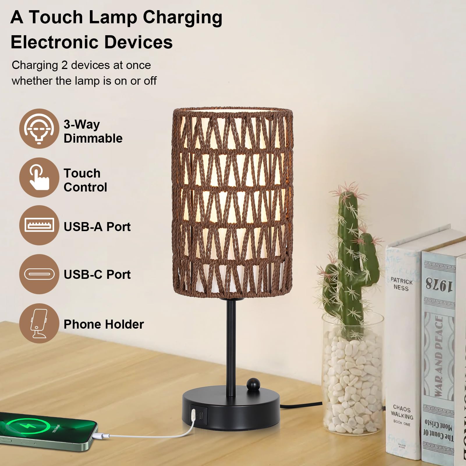 Rattan Bedside Table Lamps Set of 2 - Boho Lamps With 3 Color Temperatures & USB AC Port, Pull Chain Table Lamp For Bedroom, Cute Small Lamp For Nightstand Office Desk Bed Side End Table Living Room