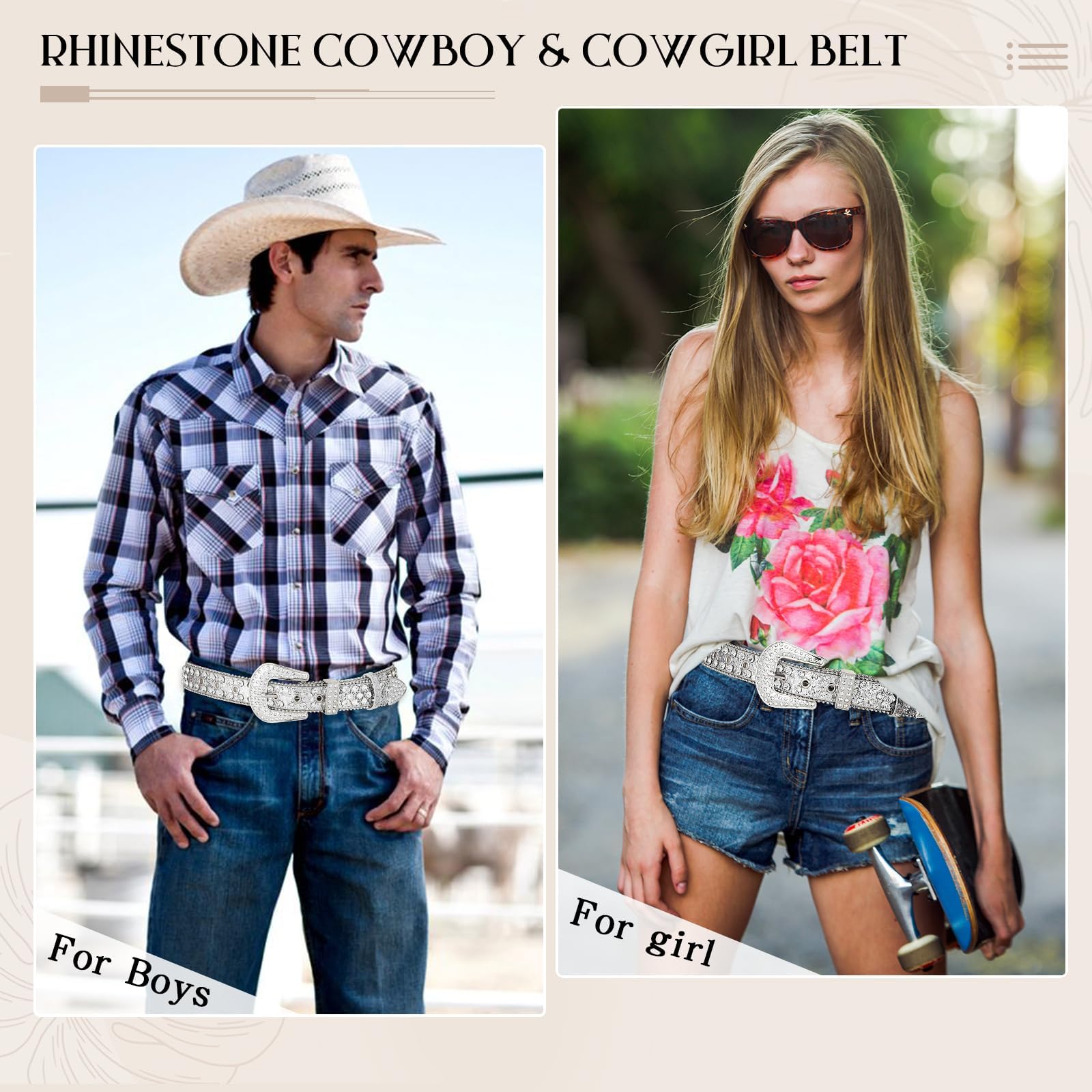 Men Women's Rhinestone Bling Studded 1.5" Leather Belts for Jeans Pants with Fashion Silver Buckle