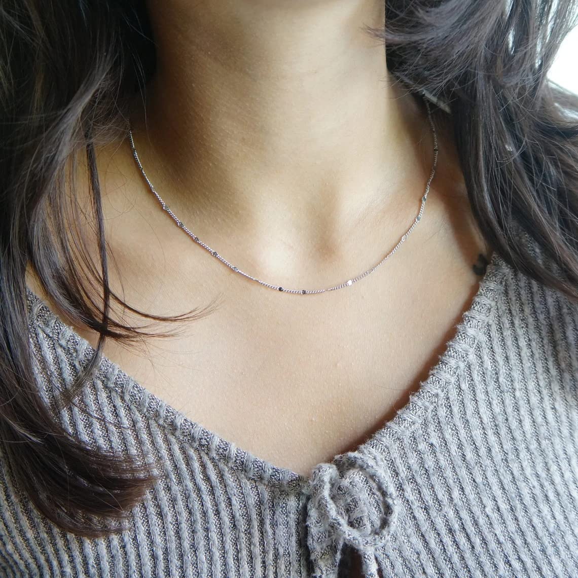 BERISO 14K Gold/Silver Plated Choker Necklace for Women Shining Dots Station Gold Chain Necklace Beads Sparkle Chain Necklace Link Chain Exquisite Jewelry for women