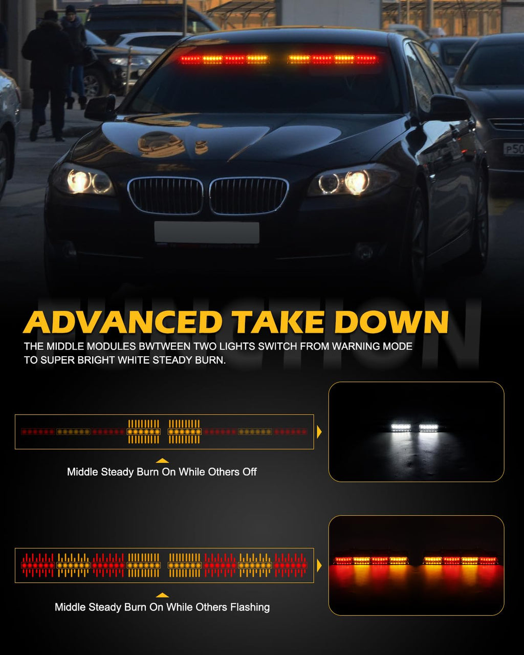 HLauto 604N Emergency Dash Strobe Lights: 2x16.8 inch Amber White Security Light w/Take Down, 48 LED Safety Flashing Warning Hazard Interior Windshield Light Bar for Truck Vehicle