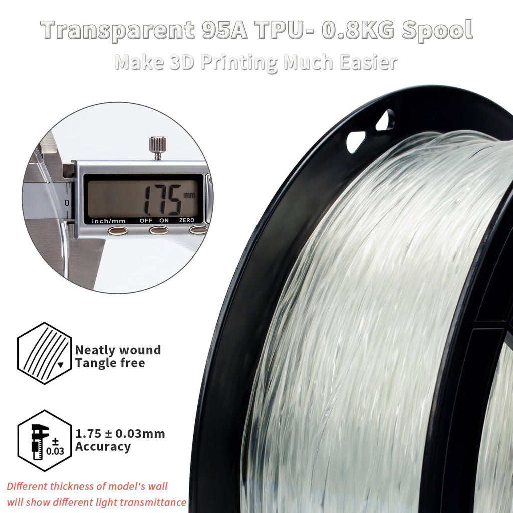 ZIRO TPU Filament 1.75mm 3D Printer Filament, Shore 95A Hardness TPU, Flexible Soft Material, 0.8KG/1.8lbs Spool, Fit Most FDM 3D Printers, Black