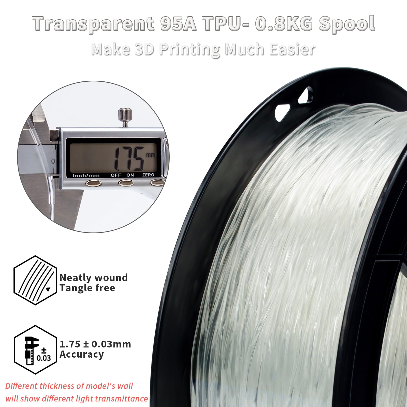 ZIRO TPU Filament 1.75mm 3D Printer Filament, Shore 95A Hardness TPU, Flexible Soft Material, 0.8KG/1.8lbs Spool, Fit Most FDM 3D Printers, Black