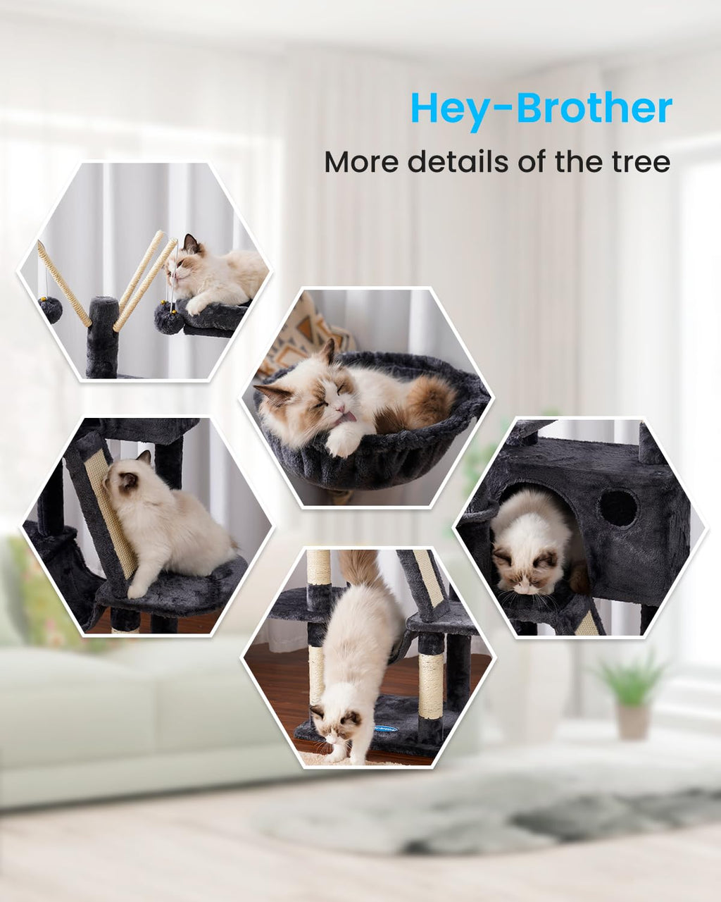 Hey-brother Cat Tree, 53 inch Cat Tower for Indoor Cats, Cat House with Padded Platform Bed, Toy Balls, Large Cozy Condo, Hammocks and Sisal Scratching Posts, Beige MPJ019-SM